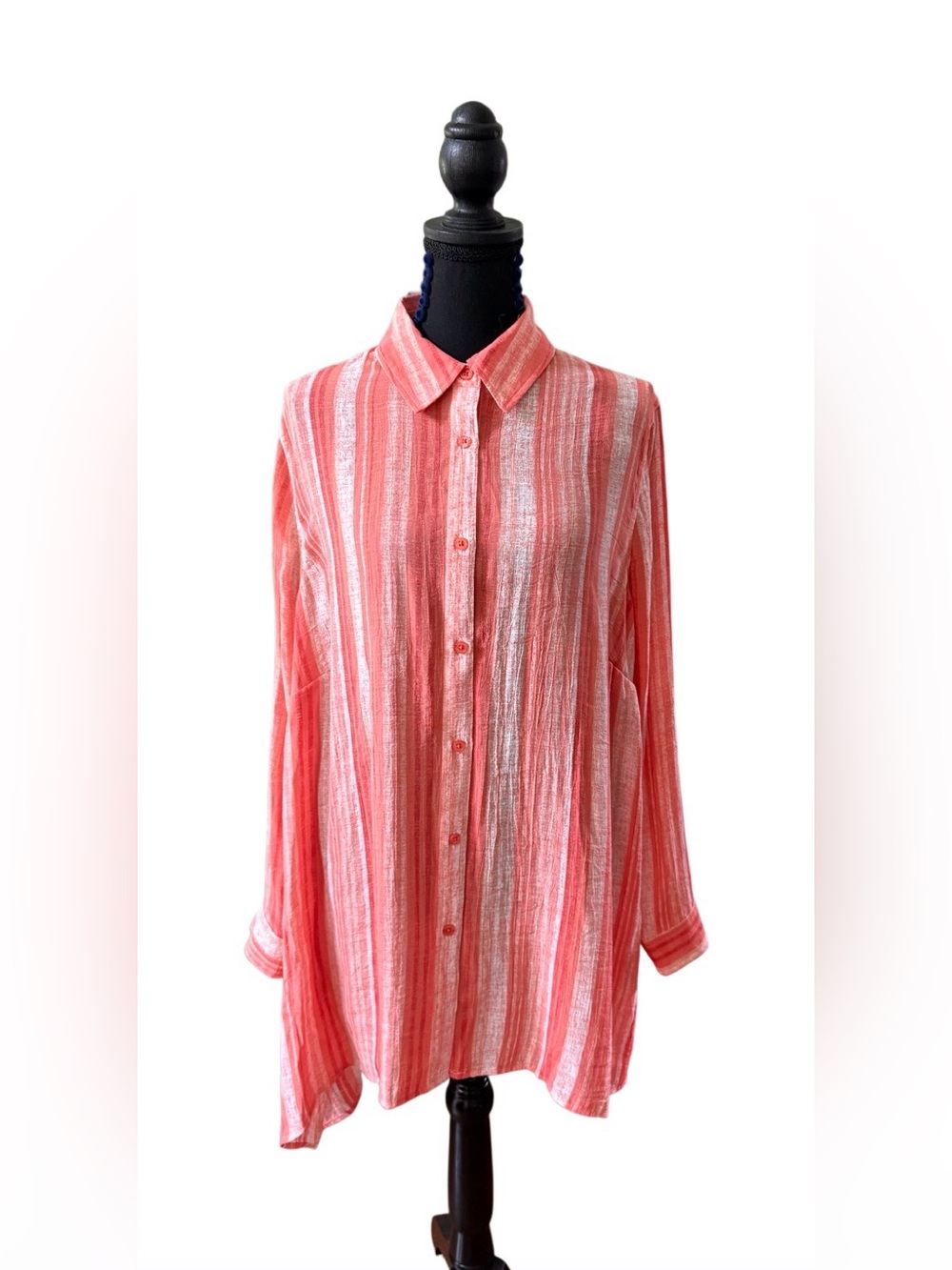 Robert Louis Coral and White Striped Button Down  Tunic Shirt